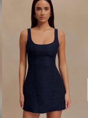 Meshki boucle Scoop Neck Black Knit Mini Dress